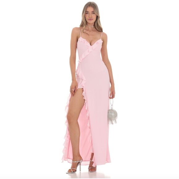 Lucy In The Sky Ruffle V-Neck Maxi Dress, Pink S NWT - Picture 1 of 10